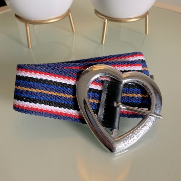 Love Moschino Striped Fabric Belt with Heart Logo Buckle - Picture 2 of 7